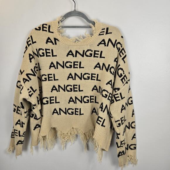 Thrashed Distressed Look Just Polly Sweater ANGEL Tan Black XL Grunge Punk Vneck - Picture 6 of 8